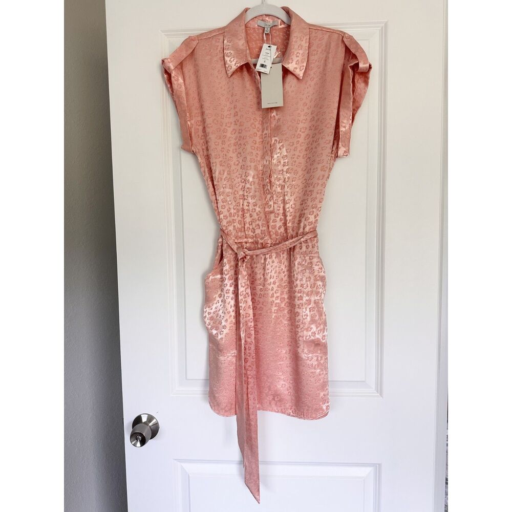 Joie Daran Dress Medium Pink Leopard Satin Tie Waist Shirt Dress NWT
